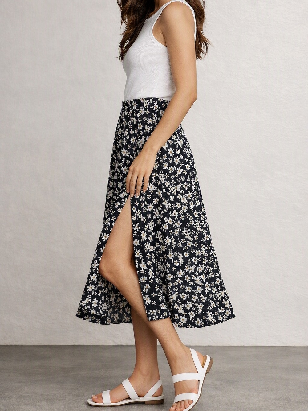 Floral Midi Skirt with Side Slit - Black/White